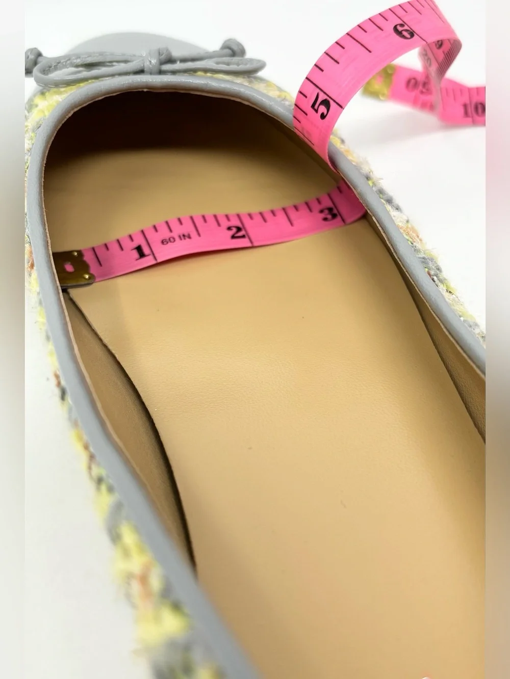 Tory Burch Tweed Ballet Flats Gray Yellow Leather Cap Toe Bow Size 9.5